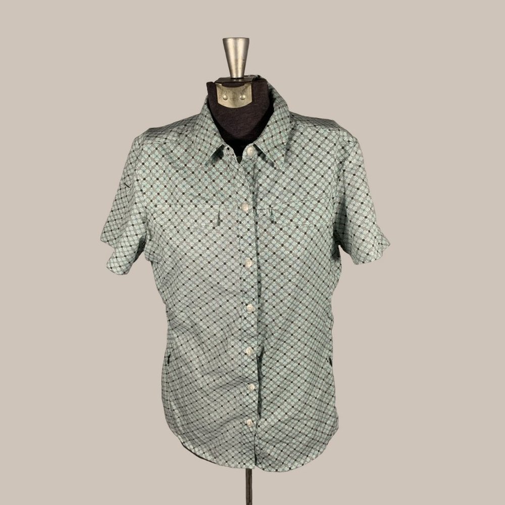 REI Women White/Green/Purple Short Sleeve Shirt